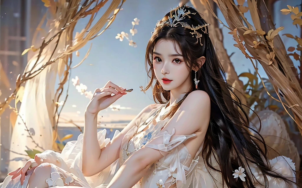 there is a woman in a white dress posing on the beach, a beautiful fantasy empress, trending on cgstation, japanese goddess, beautiful fantasy maiden, guweiz, chinese fantasy, beautiful maiden, by Victor Wang, beautiful goddess, ruan jia and artgerm, by Yang J, gorgeous chinese model, beautiful alluring anime woman