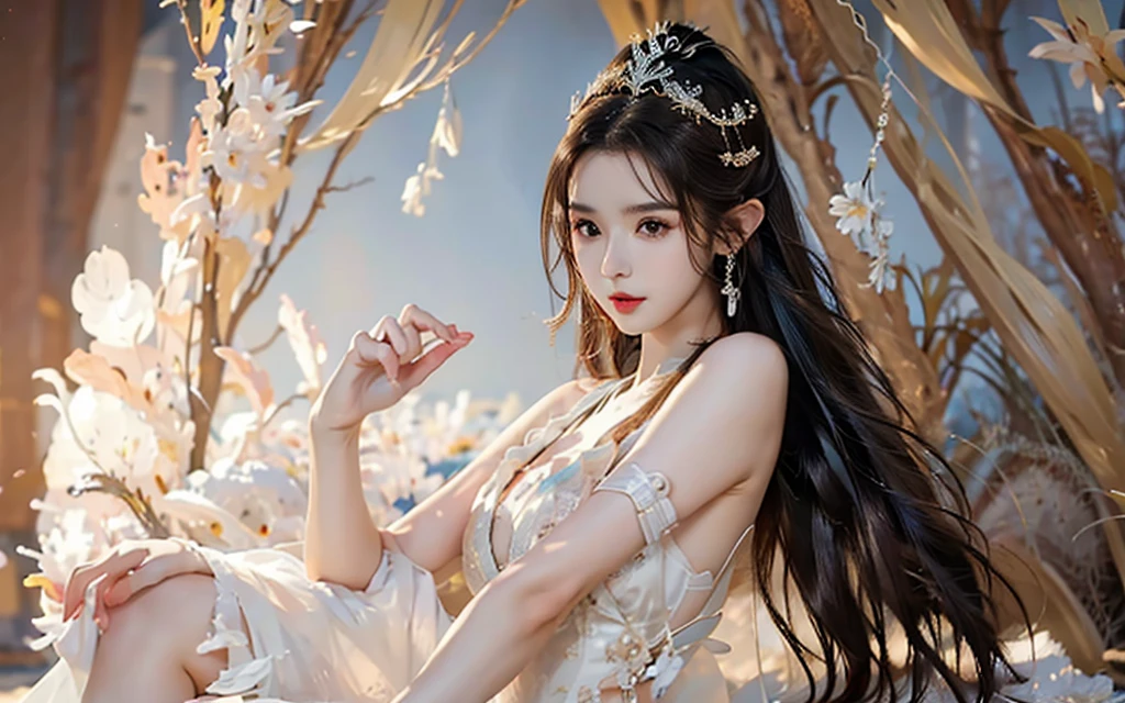 there is a woman in a white dress posing on the beach, a beautiful fantasy empress, trending on cgstation, japanese goddess, beautiful fantasy maiden, guweiz, chinese fantasy, beautiful maiden, by Victor Wang, beautiful goddess, ruan jia and artgerm, by Yang J, gorgeous chinese model, beautiful alluring anime woman