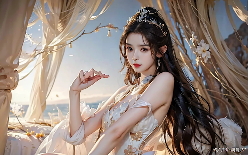 there is a woman in a white dress posing on the beach, a beautiful fantasy empress, trending on cgstation, japanese goddess, beautiful fantasy maiden, guweiz, chinese fantasy, beautiful maiden, by Victor Wang, beautiful goddess, ruan jia and artgerm, by Yang J, gorgeous chinese model, beautiful alluring anime woman