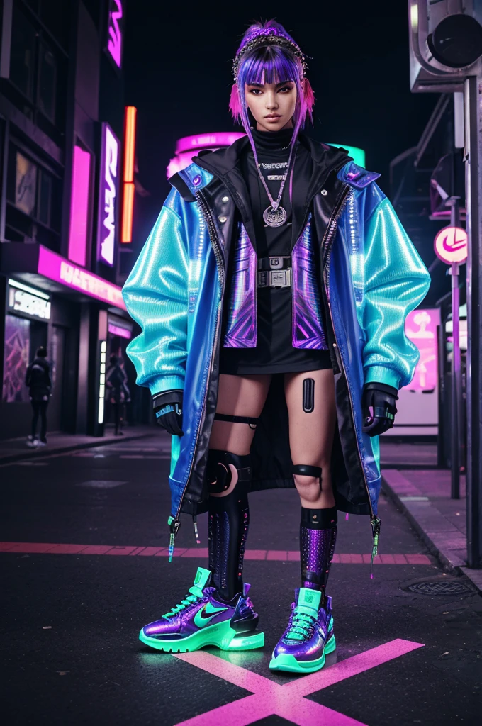 Step into a cyberpunk realm where advanced technology and street fashion collide. Create a visual representation of a unique pair of Nike shoes, incorporating elements of high tech gadgetry , holographic details and bold, eye-catching colour. Emphasize how these shoes cater to the needs of the cyberpunk generation enabling them to navigate the ever-changing urban landscape with style and ease.