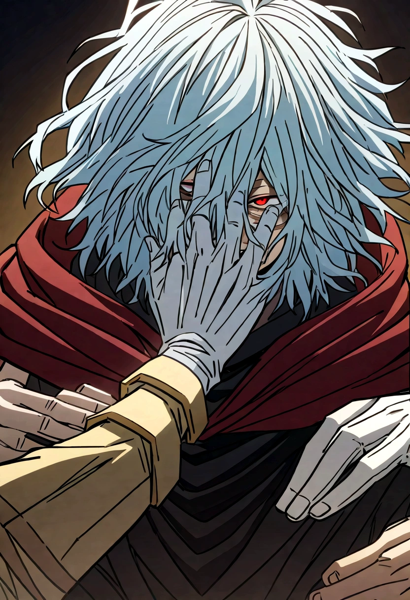 tomura_shigaraki, blue hair, red eyes, bangs, hair between eyes, scar, scar on face
tomura_shigaraki, blue hair, bangs, hair between eyes, scar, scar on face, gloves, white gloves, disembodied limb, covering face
tomura_shigaraki, white hair, red eyes, messy hair, gloves, red cape
tomura_shigaraki, white hair, red eyes, long hair, messy hair, cloak, cape
teeth
smile
grin
mole under mouth