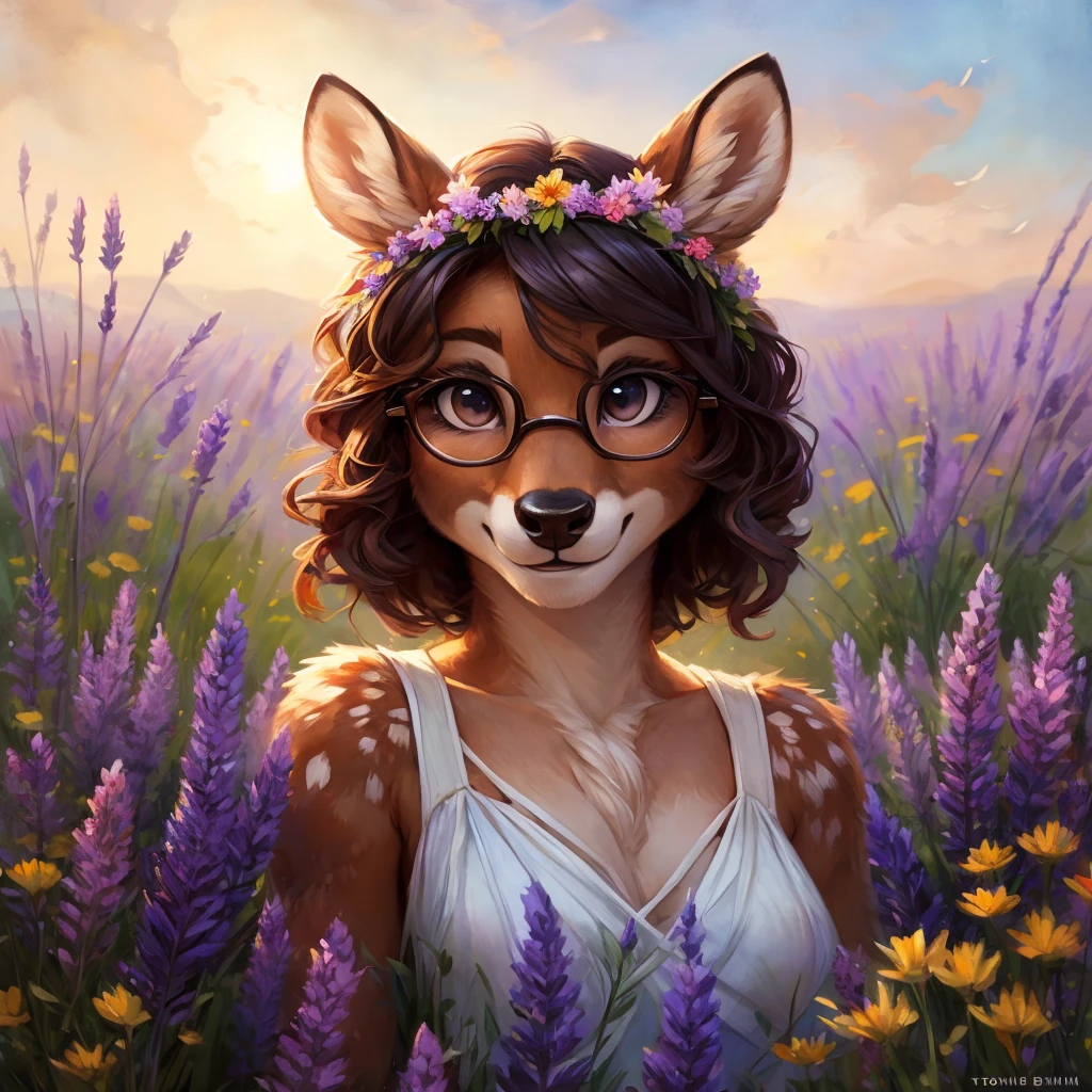 uploaded on e621, watercolor look, by Pixelsketcher, by Bayard Wu, by Thomas Benjamin Kennington , by Einshelm, by hioshiru and kenket, Chunie, portrait, solo anthro female deer doe, with small featureless breasts, clear dark blue, cinematic lighting, day, sunny day, lavender field, stays in a wildflowers field, wildflowers field background, mediterranean background, horizon background, shiny, short curly dark brown hair, wears big black nerd glasses, very very beautiful furry art, furry art, smiling, joyful, shiny, happy, feminine, cute face, muzzle, fluffy chest, flawless face, Fallow deer, 1girl, Sakimichan is beautiful, Masterpiece, Wavethesallow Face, shiny, Detailed image, portrait, Detailed image, portrait, full body, wears pure white short spaghetti straps dress, wears a wildflowers crown, shiny, realistic face, perfect anatomy, hourglass body, (furry body:1.1), anthropomorphic deer, looks at the viewer, small fluffy tail, detailed background, (cute anatomy:1.1), stands in a wildflowers field