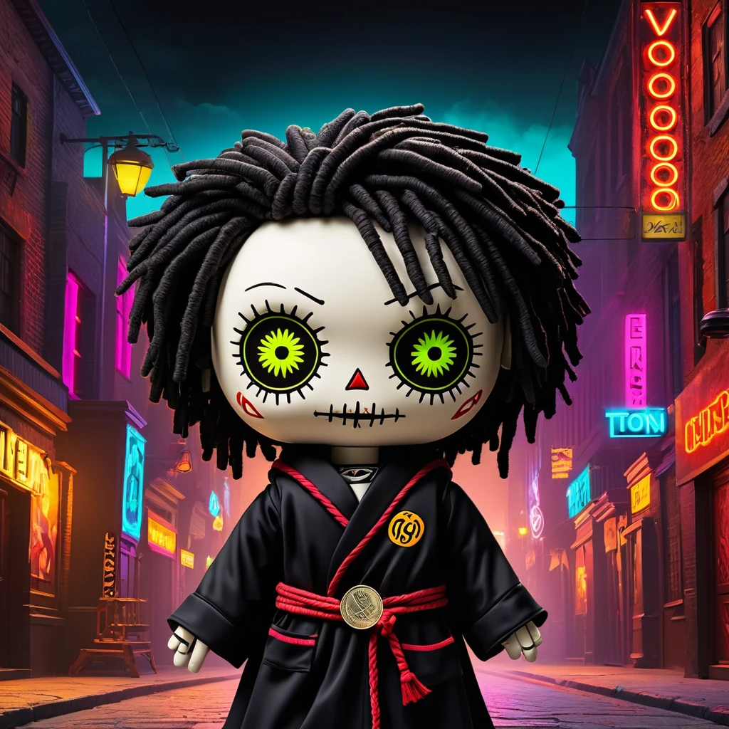 (knitted toy voodoo doll:1.8), (needles stuck into Voodoo:2.0), (logo with number 666:1.9), (eyes glow:1.8), (clothes in a black robe with the logo of the TON coin:1.9), (TON coin banner:1.9), (in the background a city in neon color:1.5), gothic horror atmosphere, best quality, masterpiece, detailed soft oil painting, detailed background, dramatic cinematic lighting, soft edge lighting, professional, dramatic lighting, hard edge lighting, ultra quality, 4k, masterpiece, best quality, 8k, ultra high definition, high definition, extremely detailed