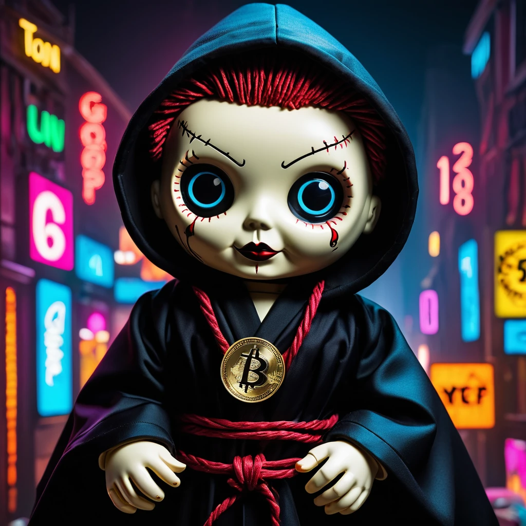 (knitted toy voodoo doll:1.8), (needles stuck into Voodoo:2.0), (logo with number 666:1.9), (eyes glow:1.8), (clothes in a black robe with the logo of the TON coin:1.9), (TON coin banner:1.9), (in the background a city in neon color:1.5), gothic horror atmosphere, best quality, masterpiece, detailed soft oil painting, detailed background, dramatic cinematic lighting, soft edge lighting, professional, dramatic lighting, hard edge lighting, ultra quality, 4k, masterpiece, best quality, 8k, ultra high definition, high definition, extremely detailed