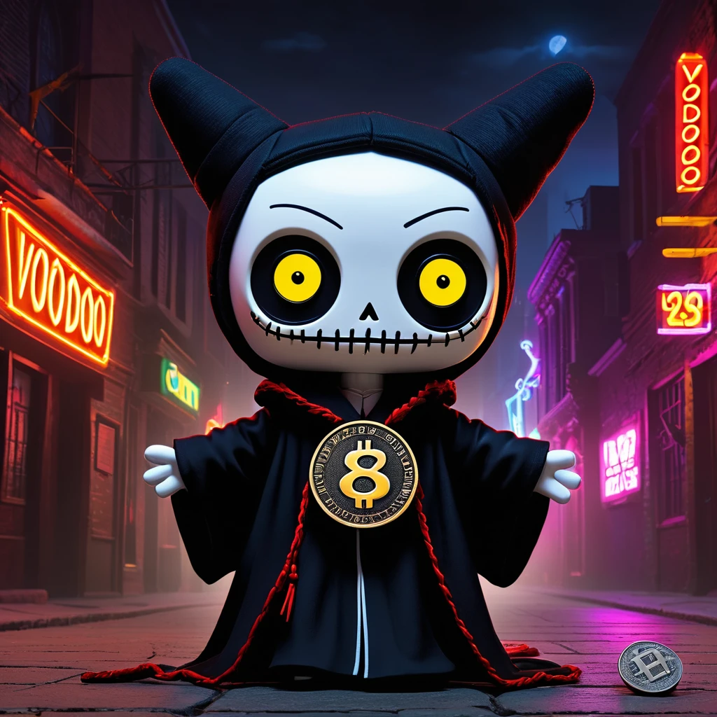(knitted toy voodoo doll:1.8), (needles stuck into Voodoo:2.0), (logo with number 666:1.9), (eyes glow:1.8), (clothes in a black robe with the logo of the TON coin:1.9), (TON coin banner:1.9), (in the background a city in neon color:1.5), gothic horror atmosphere, best quality, masterpiece, detailed soft oil painting, detailed background, dramatic cinematic lighting, soft edge lighting, professional, dramatic lighting, hard edge lighting, ultra quality, 4k, masterpiece, best quality, 8k, ultra high definition, high definition, extremely detailed