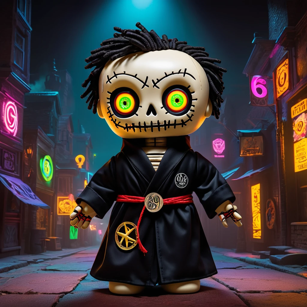(knitted toy voodoo doll:1.8), (needles stuck into Voodoo:2.0), (logo with number 666:1.9), (eyes glow:1.8), (clothes in a black robe with the logo of the TON coin:1.9), (TON coin banner:1.9), (in the background a city in neon color:1.5), gothic horror atmosphere, best quality, masterpiece, detailed soft oil painting, detailed background, dramatic cinematic lighting, soft edge lighting, professional, dramatic lighting, hard edge lighting, ultra quality, 4k, masterpiece, best quality, 8k, ultra high definition, high definition, extremely detailed