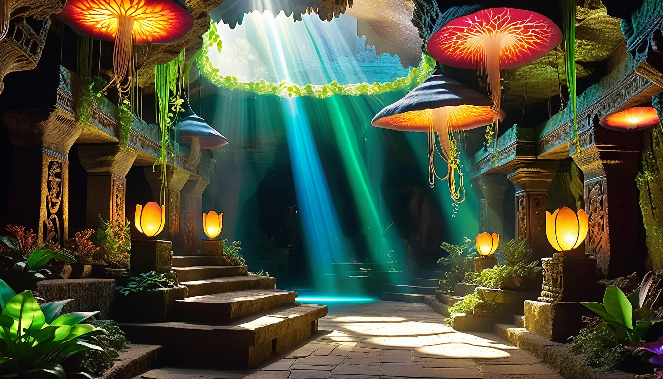 A DSLR photo, award-winning, with deep rich saturated colors and good contrast, shot with a Goerz Hypergon f/8 lens. A sprawling, ancient underground cavern, transformed into a mystical marketplace with bioluminescent plants and exquisitely hyperdetailed laser-crafted stone and wood pathways, winding through vibrant stalls full of exotic goods. Sunrays filter through crystalline formations in the cavern ceiling, creating volumetric light and casting a magical glow throughout the space. The architecture blends motifs and styles from many cultures, featuring God-level hyperintricate carvings, mosaic-tiled walls, sculptures, statues, and vibrant banners. The scene exudes an otherworldly, dreamlike quality, with glowing fungi and hanging vines intertwining with the intricate market structures, and the serene sound of subterranean streams enhancing the tranquil atmosphere.