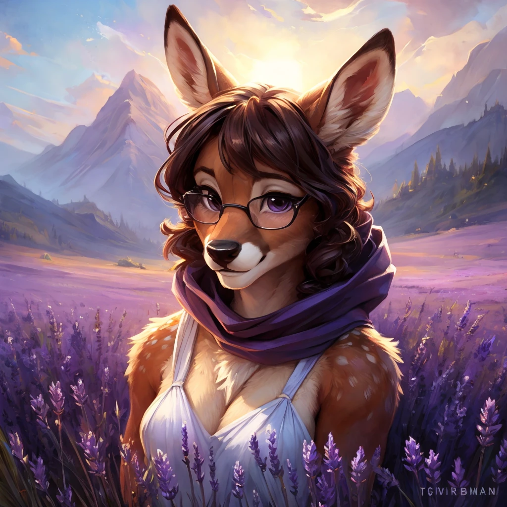 uploaded on e621, watercolor look, by Pixelsketcher, by Bayard Wu, by Thomas Benjamin Kennington , by Einshelm, by hioshiru and kenket, Chunie, portrait, solo anthro female deer doe, with small featureless breasts, clear dark blue, cinematic lighting, day, sunny day, lavender field, stays in a lavender field, lavender field background, mediterranean background, horizon background, shiny, short curly dark brown hair, wears big black nerd glasses, very very beautiful furry art, furry art, smiling, joyful, shiny, happy, feminine, cute face, muzzle, fluffy chest, flawless face, Fallow deer, 1girl, Sakimichan is beautiful, Masterpiece, Wavethesallow Face, shiny, Detailed image, portrait, Detailed image, portrait, full body, wears pure white spaghetti straps dress, wears a black bandana headscarf, shiny, realistic face, perfect anatomy, hourglass body, (furry body:1.1), anthropomorphic deer, looks at the viewer, small fluffy tail, detailed background, (cute anatomy:1.1), stands in a lavender field