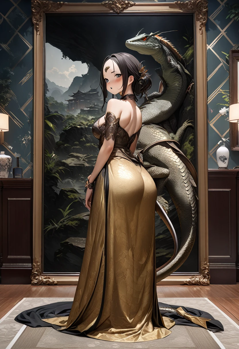 ((Highest quality、unity 8k wallpaper、32K、masterpiece、Very detailed、Ultra-high resolution、Ultra-high resolution、 Very detailedな顔, RAW Photos, Professional, Ultra-fine painting, Fine metal texture, Genuine)) Kotegawa Yui morphing into lizardwomen, Long tail、Scales on cheeks and forehead, behind