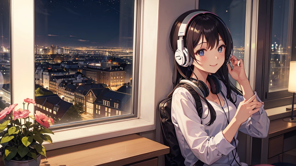 Listening to music through headphones、Smiling woman、Beautiful city from the window、Night view