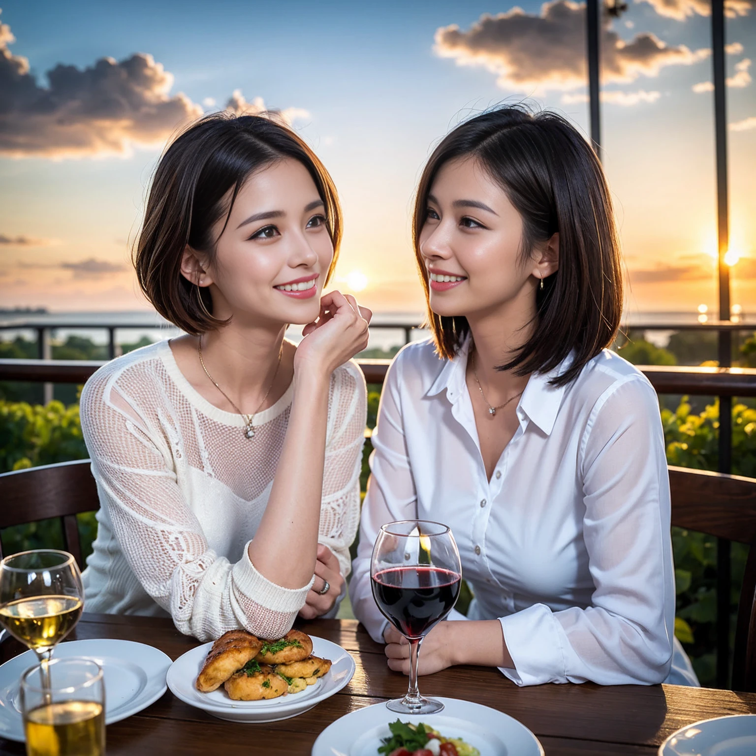 ((Highest quality、8k、masterpiece:1.3))、 (Genuineistic, Genuine、Bright image、Intricate details:1.2), 最高のsmile、1 male, 1 female、Beautiful couple、spouse、Relatives and friends、Good friends、actress couple、smile、Full-course dinner at a packed table、 (Slim face), (the body is slim), (Brown Hair), (short hair), テーブルのwine glass、Please shine a light on my face、 Amazing view of the sunset sky and clouds、 (33 years old)38 years old, red wine 、Appetizers、Wine bottle、sparkling wine、Long sleeve shirt、dress、White wine, red wine, wine glass,