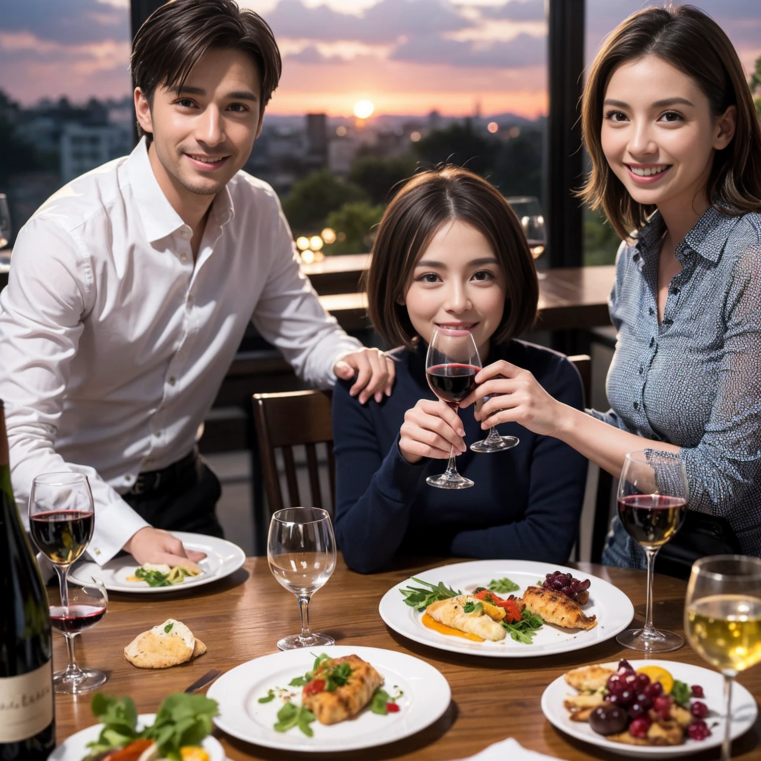 ((Highest quality、8k、masterpiece:1.3))、 (Genuineistic, Genuine、Bright image、Intricate details:1.2), 最高のsmile、1 male, 1 female、Beautiful couple、spouse、Relatives and friends、Good friends、actress couple、smile、Full-course dinner at a packed table、 (Slim face), (the body is slim), (Brown Hair), (short hair), テーブルのwine glass、Please shine a light on my face、 Amazing view of the sunset sky and clouds、 (33 years old)38 years old, red wine 、Appetizers、Wine bottle、sparkling wine、Long sleeve shirt、dress、White wine, red wine, wine glass,