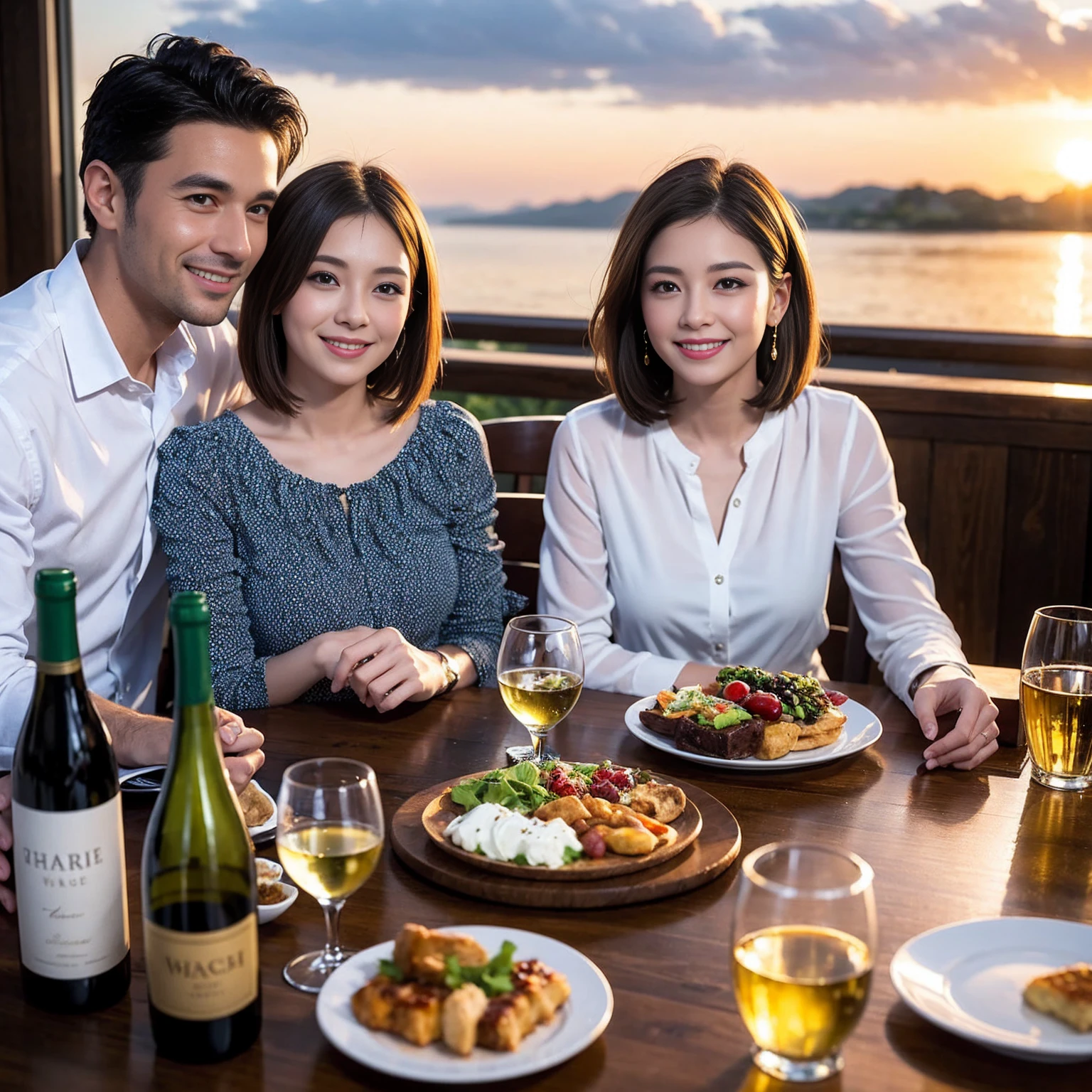 ((Highest quality、8k、masterpiece:1.3))、 (Genuineistic, Genuine、Bright image、Intricate details:1.2), 最高のsmile、1 male, 1 female、Beautiful couple、spouse、Relatives and friends、Good friends、actress couple、smile、Full-course dinner at a packed table、 (Slim face), (the body is slim), (Brown Hair), (short hair), テーブルのwine glass、Please shine a light on my face、 Amazing view of the sunset sky and clouds、 (33 years old)38 years old, red wine 、Appetizers、Wine bottle、sparkling wine、Long sleeve shirt、dress、White wine, red wine, wine glass,