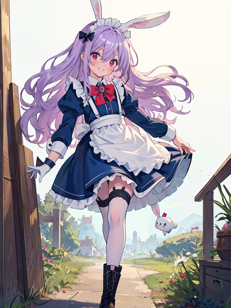 photo realistic, (masterpiece,best quality:1.4),(8k,raw photo,photo realistic:1.2), detailed skin, detailed face, ((Alice in Wonderland)), cute face, , , , 12-yo, Not Safe for Work, (raw photo, photo realistic: 1.2),
length hair, Red eyes, happy, (light purple hair), (two side up), (shiny wavy hair), doress, the bow, wonderland, flustered, gothic dresses, crinoline, (Very big White rabbit ears, shairband), longsleeves, a smile, red blush, the bow hair, White Doress, Alice (Alice in Wonderland), Hair Between Eyes, Black Panties Hose, Puffy Sleeves, Bangss, Apron Dress, longsleeves, very long hair, frilld, white gothic dresses, purple hem dress, wrist cuffs, neck ribbon, ((brooch)), arm garter, anklet, gloves, feather ornament, buckle, ankle boots, masterpiece, top-quality, not safe for work, , , 12 yo, (((girly running))),
feathers, White Rabbit, clock, simple background,
