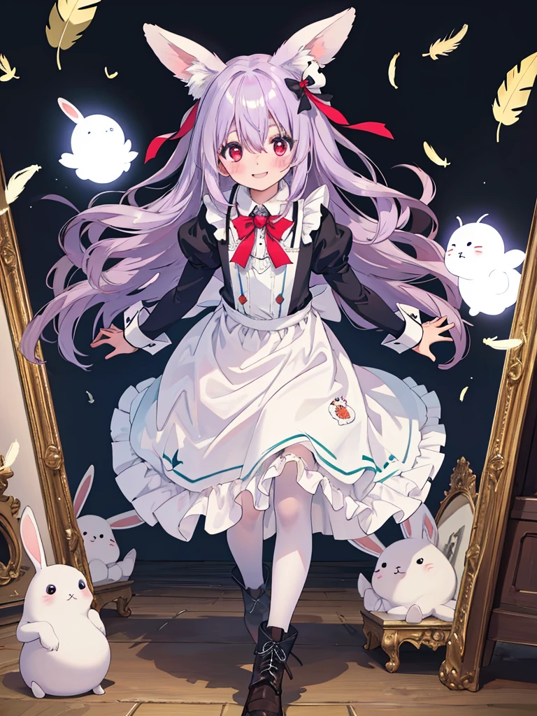 photo realistic, (masterpiece,best quality:1.4),(8k,raw photo,photo realistic:1.2), detailed skin, detailed face, ((Alice in Wonderland)), cute face, , , , 12-yo, Not Safe for Work, (raw photo, photo realistic: 1.2),
length hair, Red eyes, happy, (light purple hair), (two side up), (shiny wavy hair), doress, the bow, wonderland, flustered, gothic dresses, crinoline, (Very big White rabbit ears, shairband), longsleeves, a smile, red blush, the bow hair, White Doress, Alice (Alice in Wonderland), Hair Between Eyes, Black Panties Hose, Puffy Sleeves, Bangss, Apron Dress, longsleeves, very long hair, frilld, white gothic dresses, purple hem dress, wrist cuffs, neck ribbon, ((brooch)), arm garter, anklet, gloves, feather ornament, buckle, ankle boots, masterpiece, top-quality, not safe for work, , , 12 yo, (((girly running))),
feathers, White Rabbit, clock, simple background,