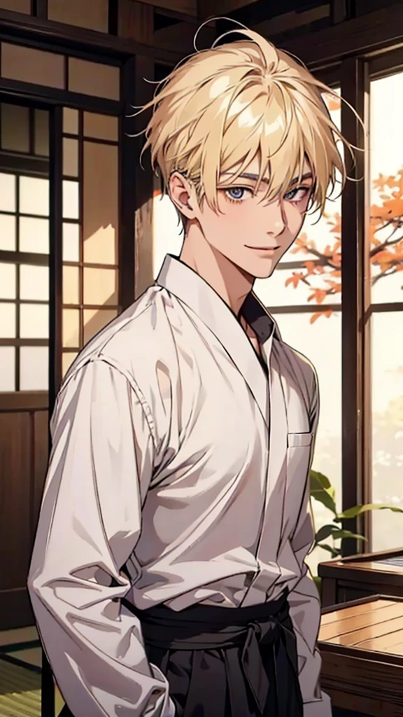 Japanese, Asian-looking face, man, university student, blonde, waxed hair, shirt, branded clothing, upper body, smiling