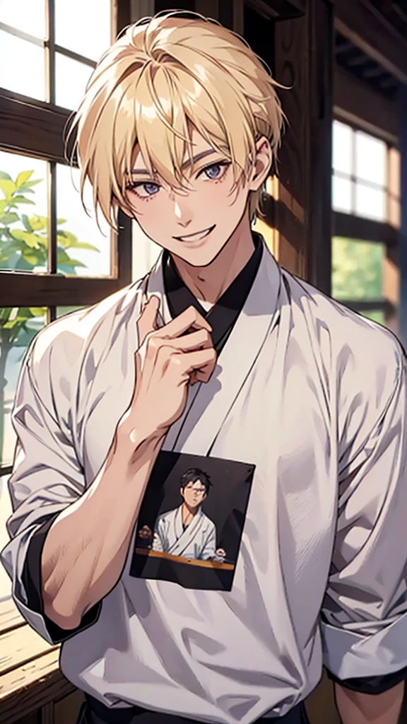 Japanese, Asian-looking face, man, university student, blonde, waxed hair, shirt, branded clothing, upper body, smiling