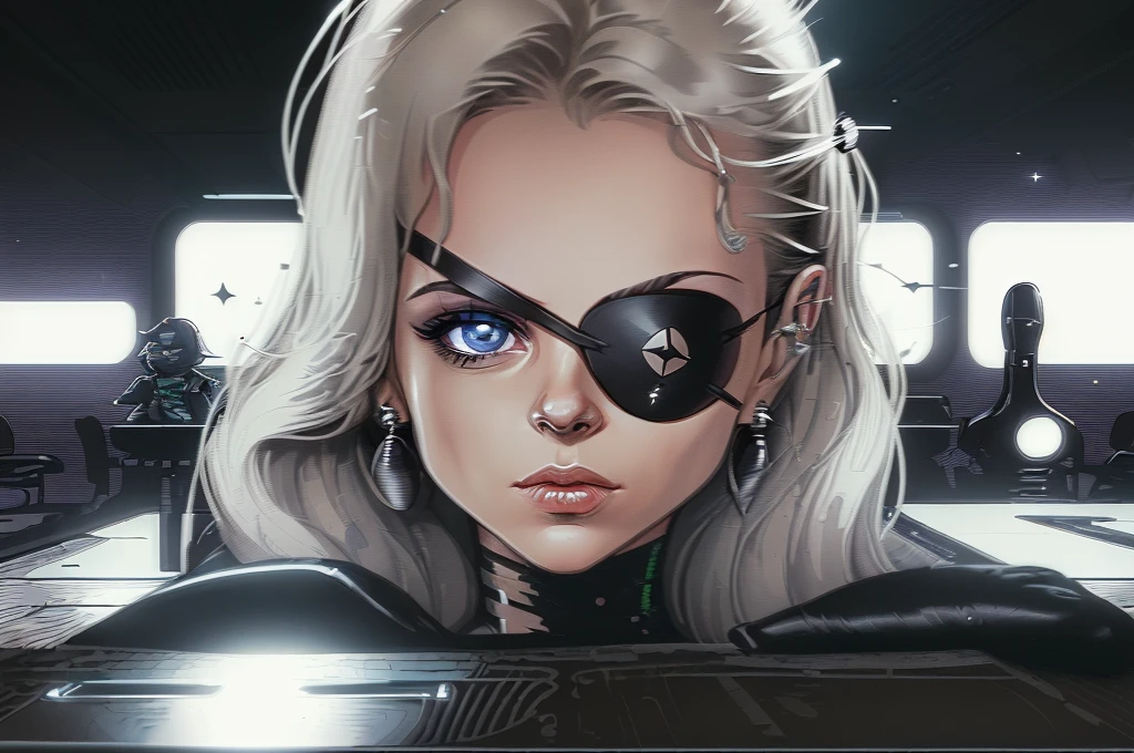 One eye patch is placed on a table, one sublime woman sits next to it, the woman's left eye is replaced by a eye patch with a tiny galaxy drawn on it, scene in a futuristic laboratory