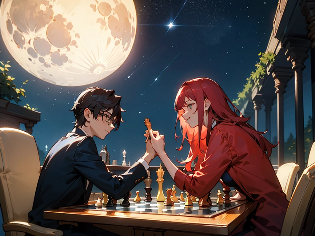 A red-haired woman and a man wearing glasses are playing chess facing each other at a table in a fantastical place under a starry sky The moon is visible. She looks happy, but has a slightly sad air about her. Late 20s.