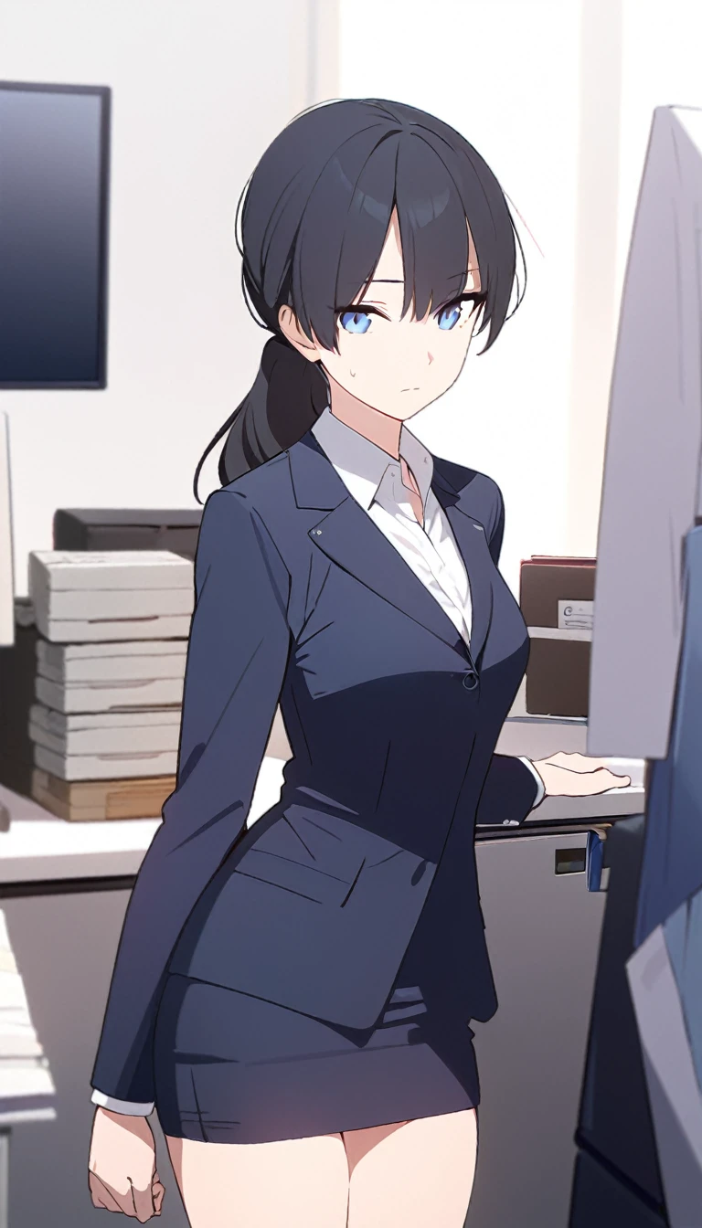 (masterpiece, high quality, best quality, highres,) One Woman, young, black hair, ponytail, Blue Eyes, Athletic build, expressionless, closed mouth, shirt, office staff suit, Simple, white background, standing, cowboy shot, (shoot from front),