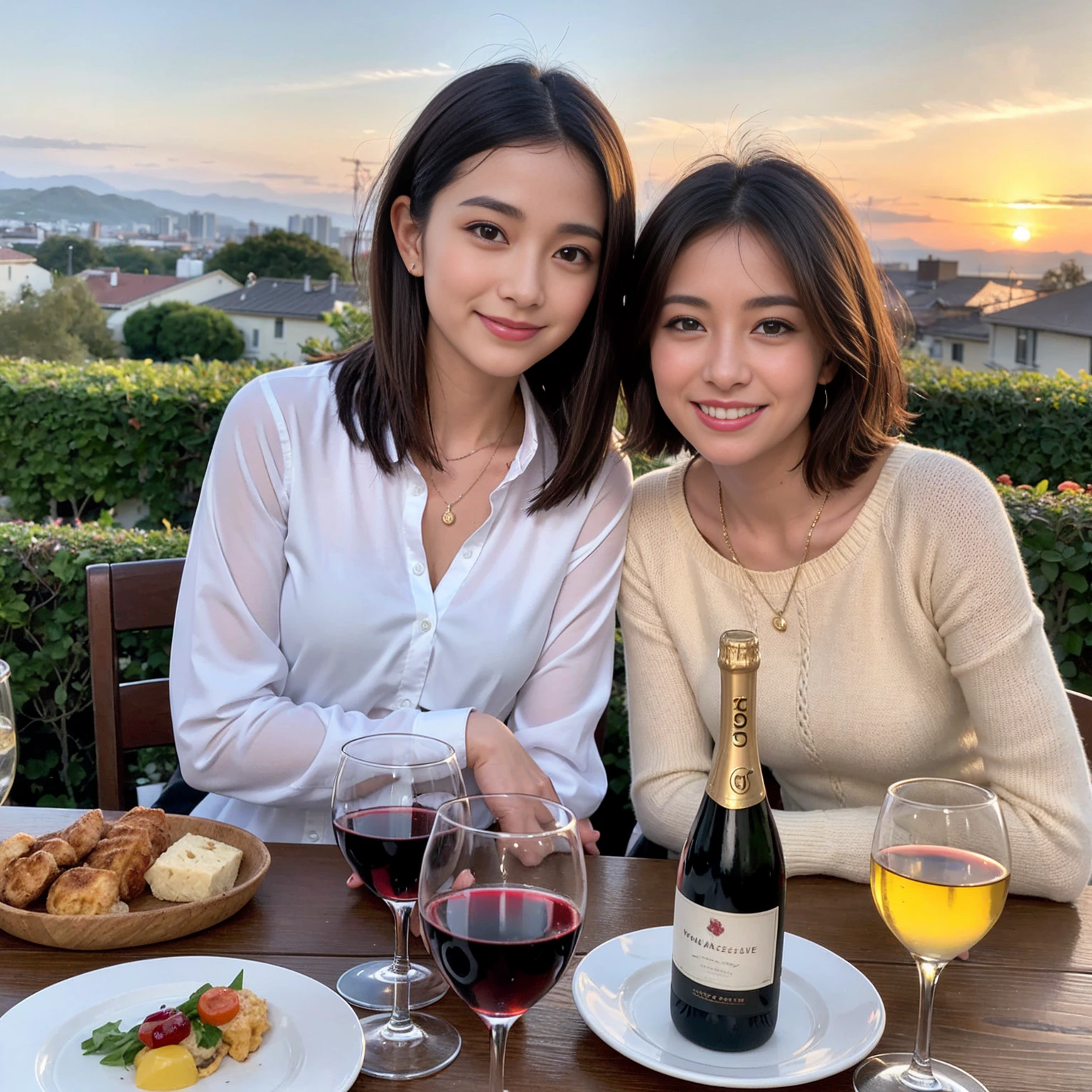 ((Highest quality、8k、masterpiece:1.3))、 (Genuineistic, Genuine、Bright image、Intricate details:1.2), 最高のsmile、1 male, 1 female、Beautiful couple、lover、Relatives and friends、A good friend、actress couple、smile、A full-course dinner with a full table、 (Slim face), (the body is slim), (Brown Hair), (short hair), テーブルのwine glass、Please shine a light on my face、 Amazing view of the sunset sky and clouds、 (33 years old)38 years old, red wine 、Appetizers、Wine bottle、sparkling wine、Long sleeve shirt、dress、White wine, red wine, wine glass,