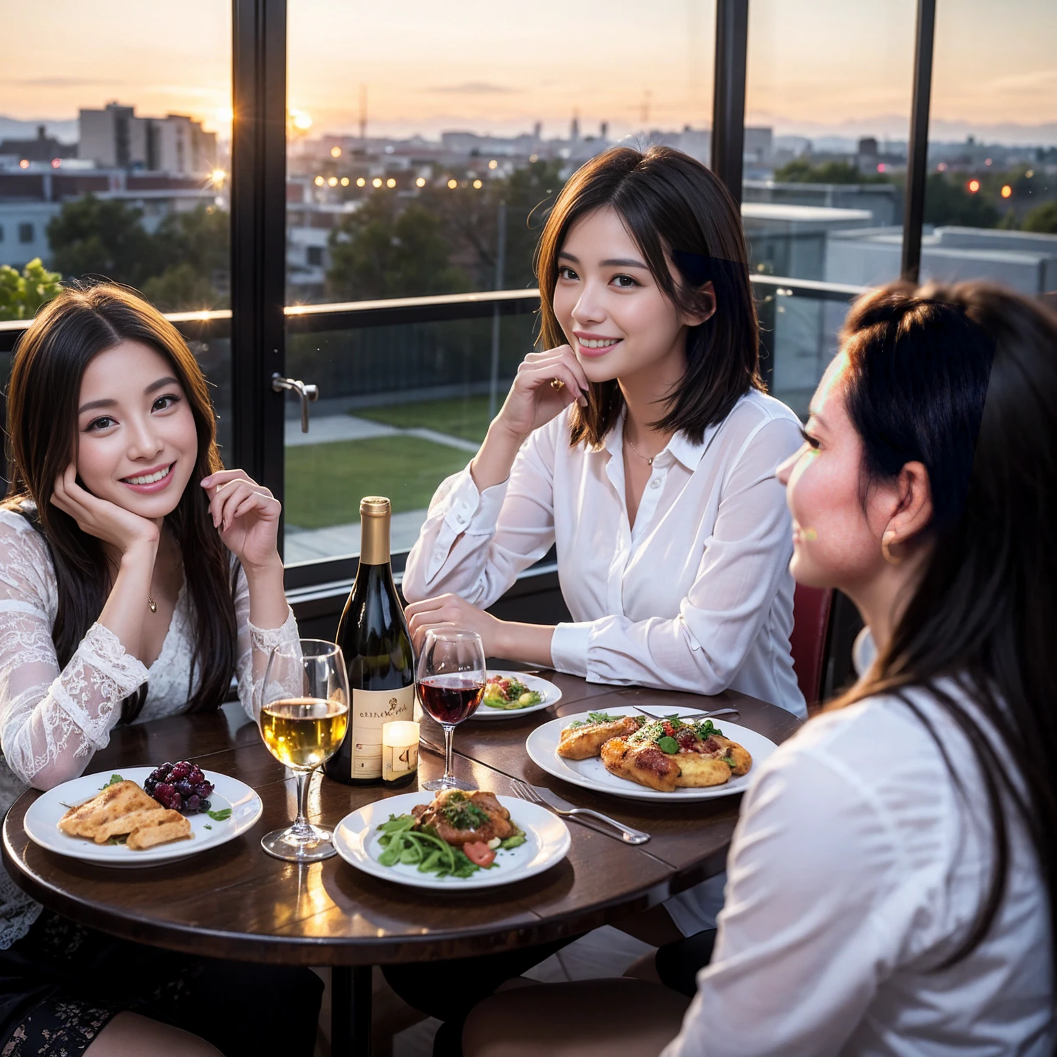 ((Highest quality、8k、masterpiece:1.3))、 (Genuineistic, Genuine、Bright image、Intricate details:1.2), 最高のsmile、1 male, 1 female、Beautiful couple、lover、Relatives and friends、A good friend、actress couple、smile、A full-course dinner with a full table、 (Slim face), (the body is slim), (Brown Hair), (short hair), テーブルのwine glass、Please shine a light on my face、 Amazing view of the sunset sky and clouds、 (33 years old)38 years old, red wine 、Appetizers、Wine bottle、sparkling wine、Long sleeve shirt、dress、White wine, red wine, wine glass,
