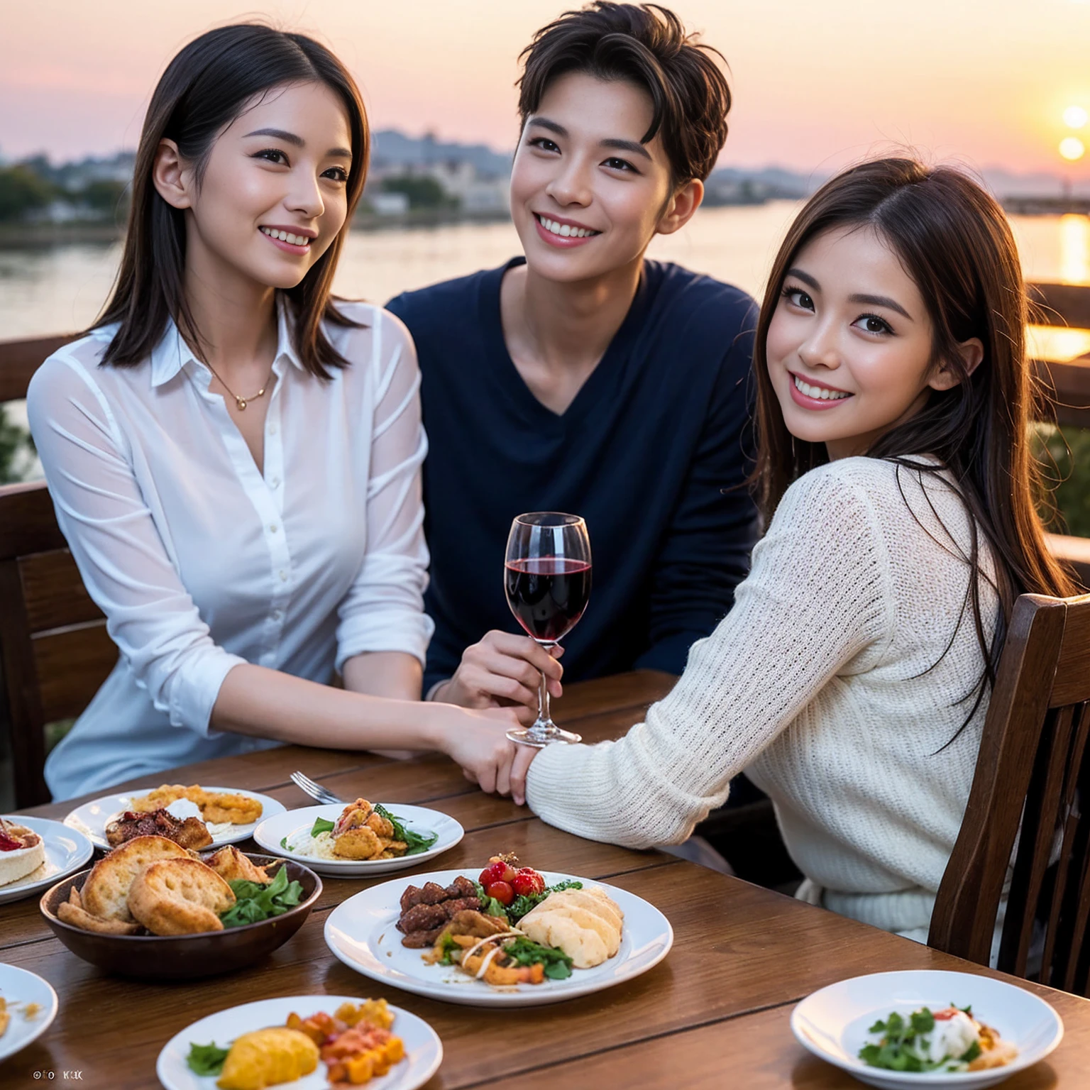 ((Highest quality、8k、masterpiece:1.3))、 (Genuineistic, Genuine、Bright image、Intricate details:1.2), 最高のsmile、1 male, 1 female、Beautiful couple、lover、Relatives and friends、A good friend、actress couple、smile、A full-course dinner with a full table、 (Slim face), (the body is slim), (Brown Hair), (short hair), テーブルのwine glass、Please shine a light on my face、 Amazing view of the sunset sky and clouds、 (33 years old)38 years old, red wine 、Appetizers、Wine bottle、sparkling wine、Long sleeve shirt、dress、White wine, red wine, wine glass, 