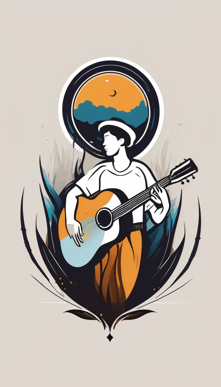 A minimalistic, modern, simple, abstract, unique logo design of a boy playing acoustic guitar and dreaming of a fantastic, memorable, eternal feather. Logo for a brand called“Penamemoria".. The logo must convey a sense of music, stories and dreams.