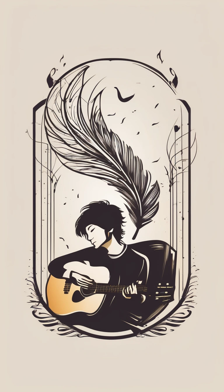 A minimalistic, modern, simple, abstract, unique logo design of a boy playing acoustic guitar and dreaming of a fantastic, memorable, eternal feather. Logo for a brand called“Penamemoria".. The logo must convey a sense of music, stories and dreams.
