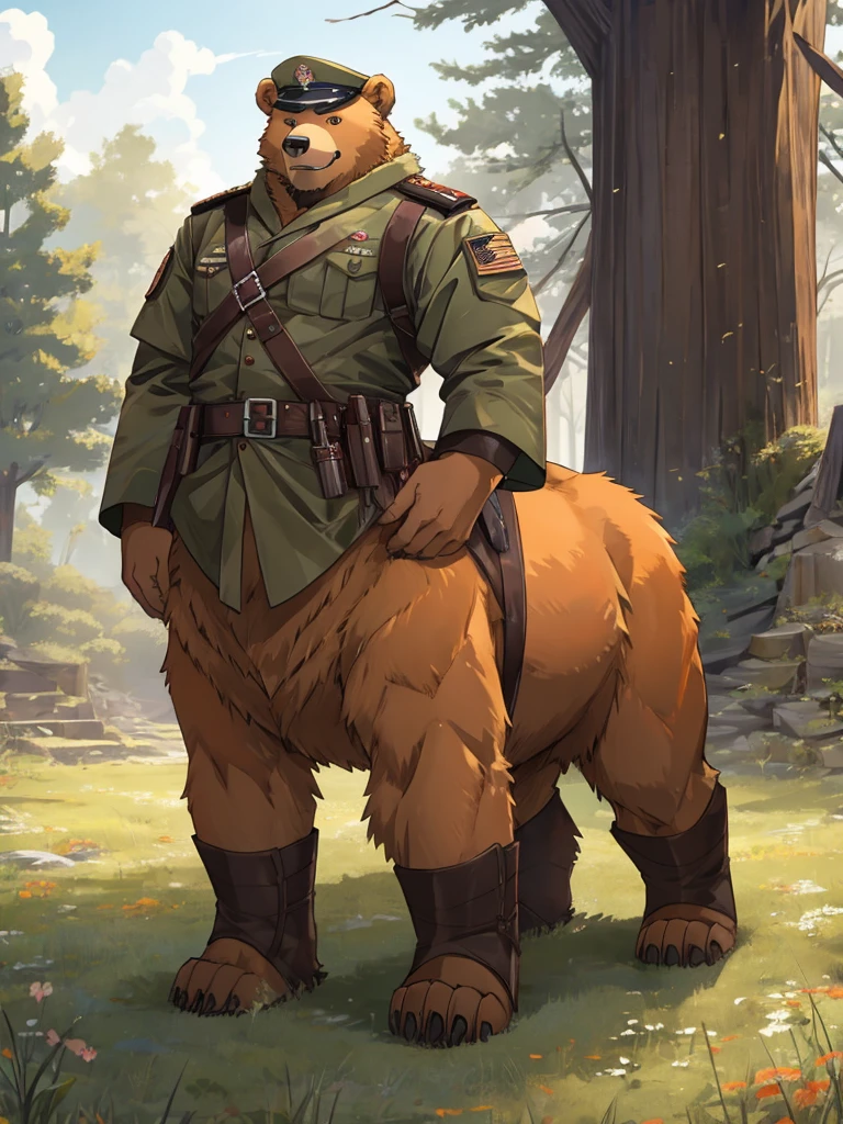 alone, Kanno, (Bear),furry,fur taur,beartaur, Humanity, male, ((orange body)), army, There&#39;s a gun on the floor, Tail, muscle, Handsome, dog tag, naked, , thick, forest, fantasy, outdoor, external, dark, night, forest, Star, permanent, toe claws, epic, depth of field, perfect lighting, (light particles),(masterpiece),(ultra deTailed),sharp focus,light particles，