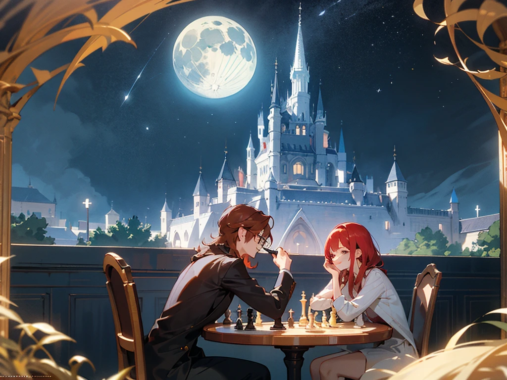 A red-haired woman and a man wearing glasses are playing chess facing each other at a table in a fantastical place under a starry sky　The moon is visible. She looks happy, but has a slightly sad air about her. Late 20s.


