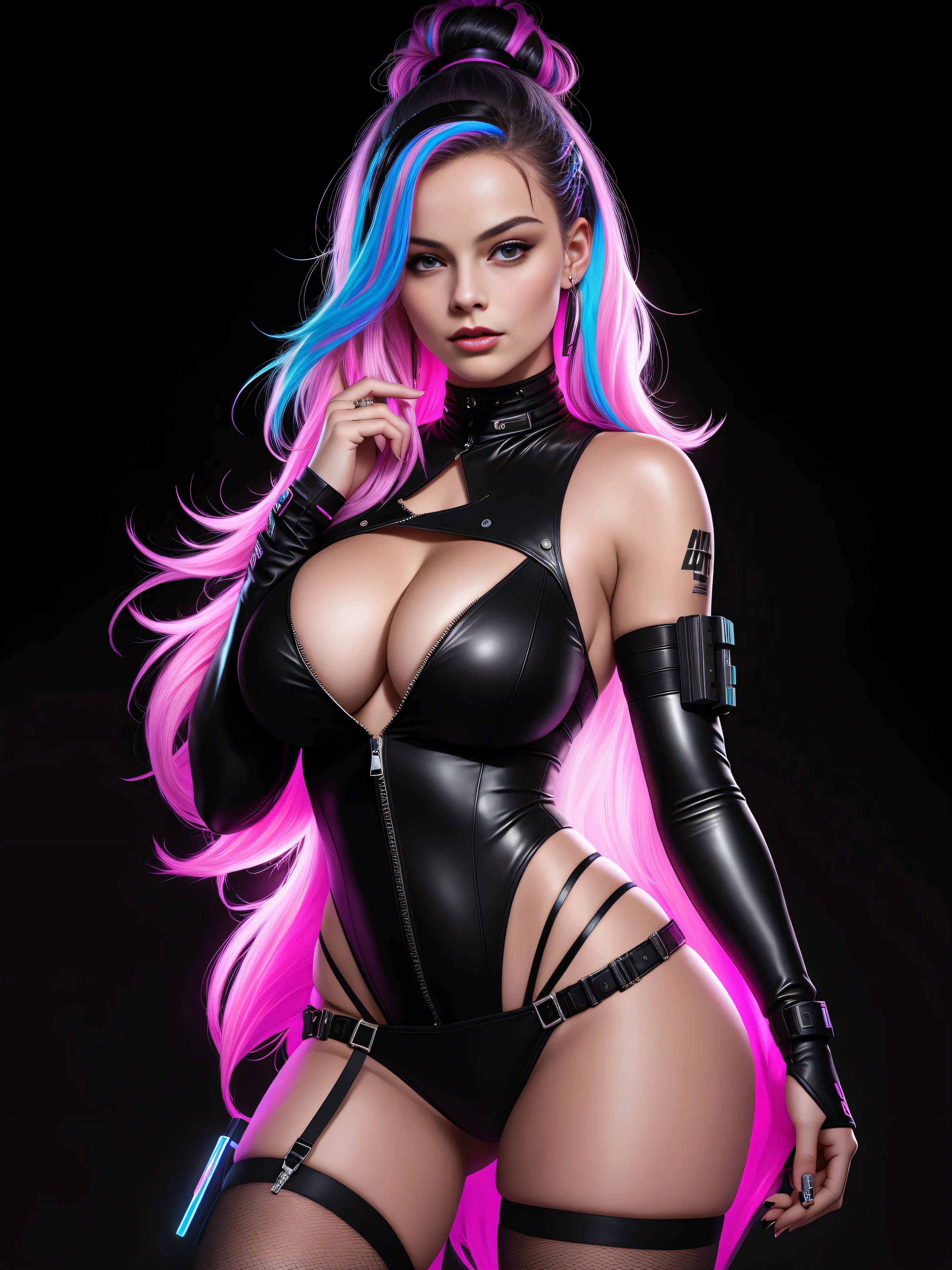 there is Margot Robbie, black neon streaked hair, hair in pony tail, 3 d neon art of a womans body, neon-noir background, cyberpunk femme fatale, seductive cyberpunk dark fantasy, cyberpunk strip clubs, cyberpunk 20 y. o model girl, oppai cyberpunk, banner, high definition cgsociety, cgsociety masterpiece, trending on cgstation, kda, random hair, nice ass, back to camera, gigantic breasts, cleavage, (high detailed skin:1.2), 8k uhd, dslr, super lighting, high quality, film grain, high res, highly detailed, hyper realistic, beautiful face, beautiful body, beautiful eyes nose lips, alluring expression, very bold, upper visible, full body photo, standing legs apart, pale translucent glowing skin, most beautiful face, cute, (well defined pubic hair:1.2)), (dark plain black background:1.4))