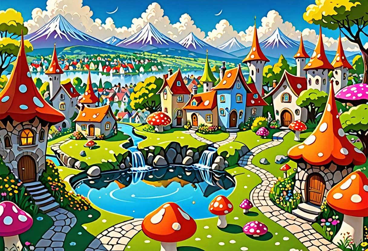 (bright), a cartoon background illustration of a Summer, Sunny, Clouds of a fairy-tale shape and some in the form of animals, A fairy-tale town with a central square, Houses of different shapes and colors, The walls of the houses are decorated, Some doors and windows in the houses are round, On the roofs of the houses there are chimneys of a bizarre shape, Some houses are in moss, Multi-colored trees, on the trees there are fairy-tale fruits, Multi-colored beautiful flowers, mushrooms, In the distance there are mountains, some hanging in the air, Fabulous stones, In the distance there are streams, a waterfall, an anthill, playgrounds, a football and volleyball field, Paths of a bizarre shape, Somewhere there is a well, no human, masterpiece, 4k, detailed, art