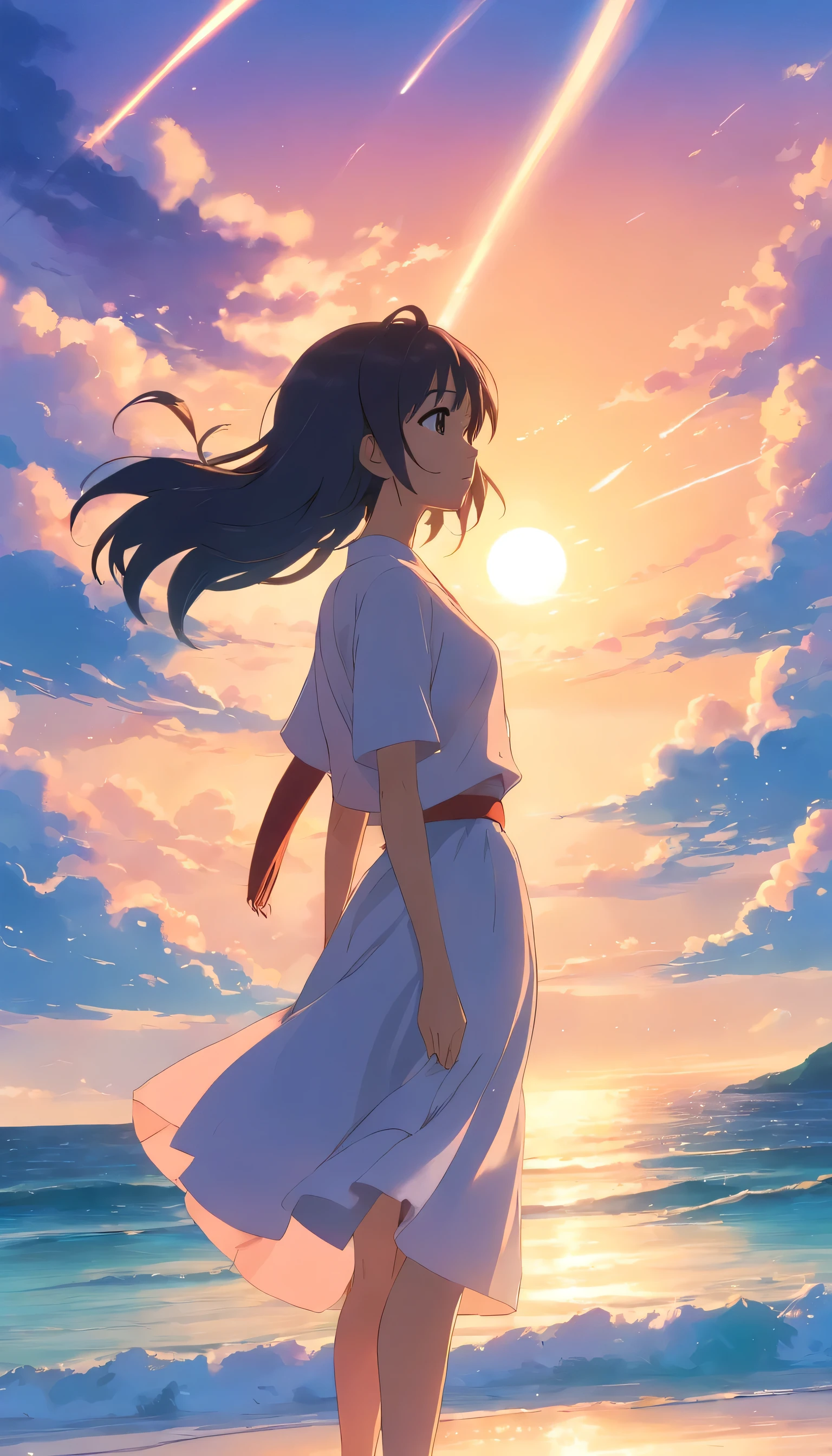 tmasterpiece，best qualityer，cinematic Film still from，1 Tape，a white long skirt，flying hair，Colorful auspicious clouds，Kizi，floating into the sky，beachside，closeup cleavage，excellent，delight，Warm and soft lighting，the sunset，（spark of light：0.7）