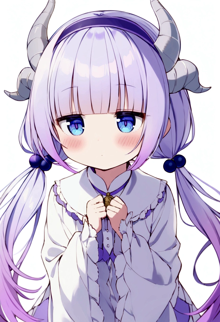 {kanna_kamui_kobayashisanchinomaidragon:1.15}, long_hair, light_purple_hair, blue_eyes, hair_ornament, bangs, blush, multicolored_hair, twintails, blunt_bangs, hair_beads, beads, hairband, gradient_hair, low_twintails, horns, dragon_horns, purple_hair,child's build