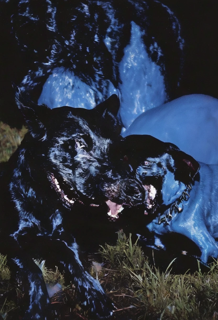 dog and cat in darkness at night, blue background