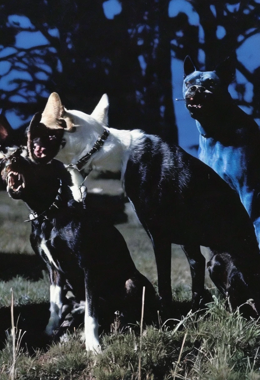 dog and cat in darkness at night, blue background