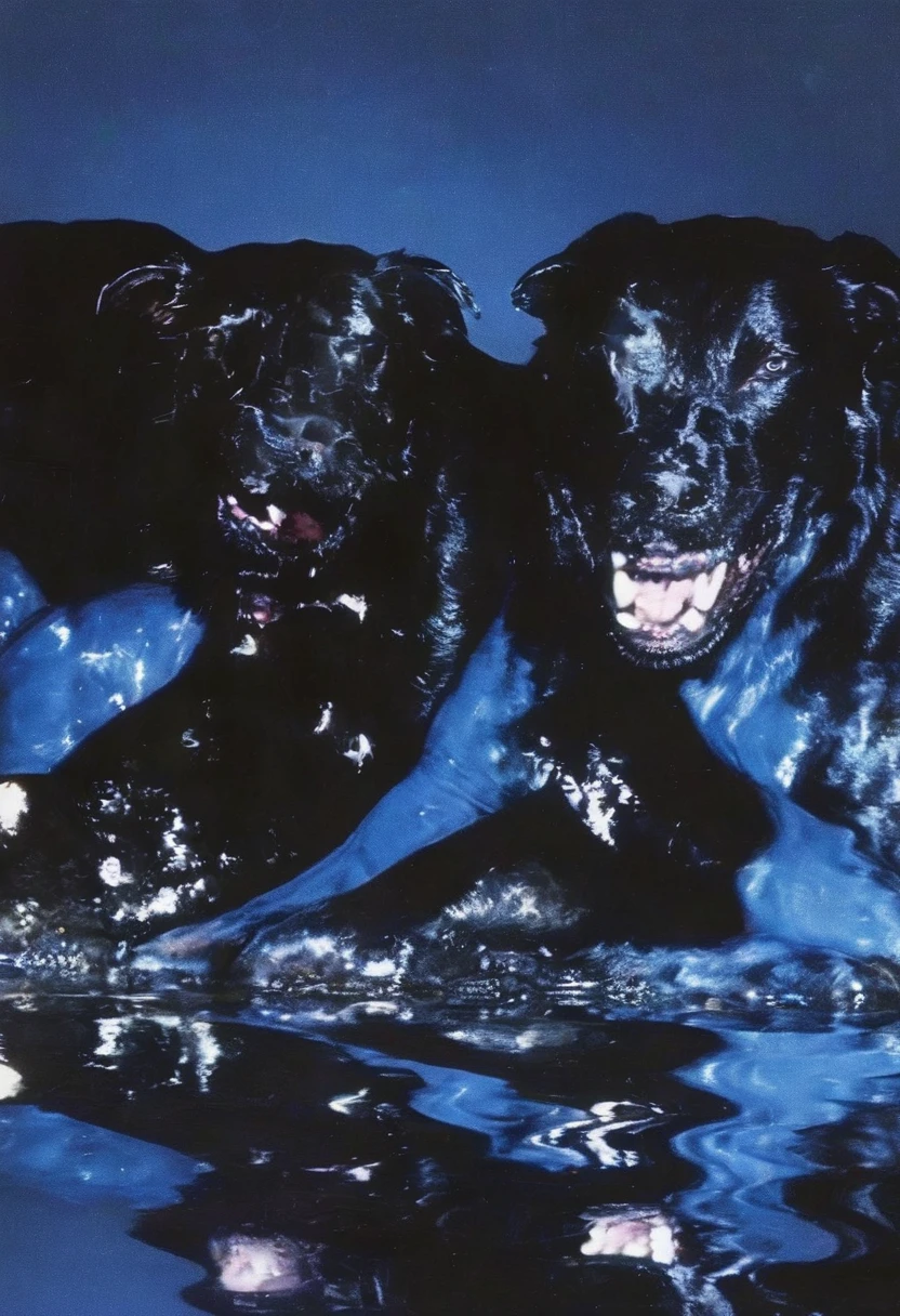 dog and cat in darkness at night, blue background