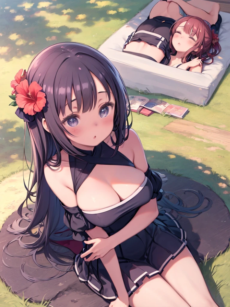 2D Girl、((Summer Light))、Steppe on a summer day、((From above))、The Sun Directly Above、Big Breasts、big round glasses、Chubby,Big thighs、Two Girls、Embrace each other、ディープkiss、kiss、Lesbian、blush、hibiscus