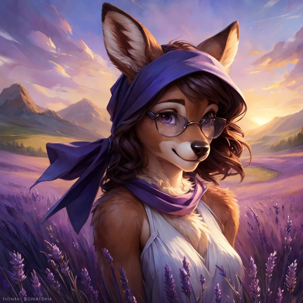 uploaded on e621, watercolor look, by Pixelsketcher, by Bayard Wu, by Thomas Benjamin Kennington , by Einshelm, by hioshiru and kenket, Chunie, portrait, solo anthro female deer doe, with small featureless breasts, clear dark blue, cinematic lighting, day, sunny day, lavender field, stays in a lavender field, lavender field background, mediterranean background, horizon background, shiny, short curly dark brown hair, wears big black nerd glasses, very very beautiful furry art, furry art, smiling, joyful, shiny, happy, feminine, cute face, muzzle, fluffy chest, flawless face, Fallow deer, 1girl, Sakimichan is beautiful, Masterpiece, Wavethesallow Face, shiny, Detailed image, portrait, Detailed image, portrait, full body, wears pure white spaghetti straps dress, wears a black bandana headscarf, shiny, realistic face, perfect anatomy, hourglass body, (furry body:1.1), anthropomorphic deer, looks at the viewer, small fluffy tail, detailed background, (cute anatomy:1.1), stands in a lavender field

