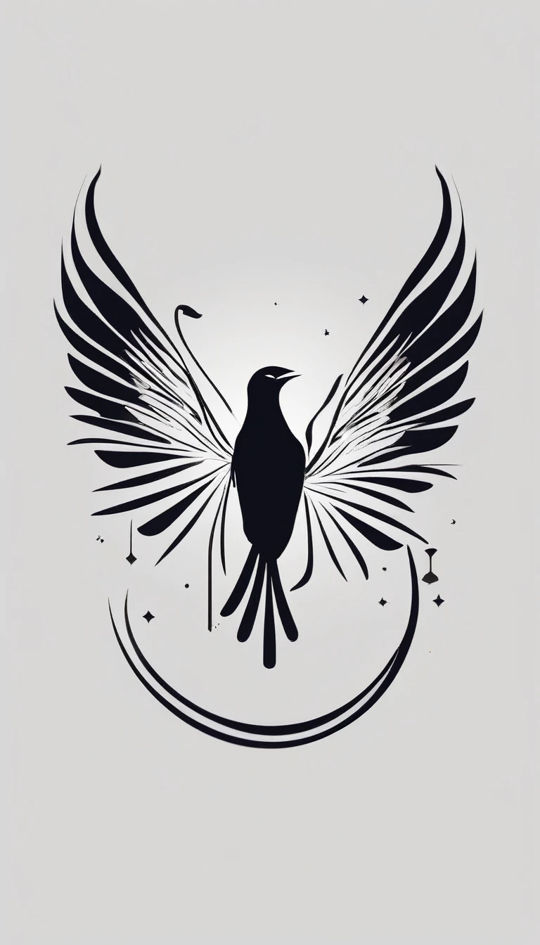 Create a cinematic, abstract symbol for a film production company based on stories and music. The logo should represent the companionship between a boy musician, A Storyteller Fantasy Bird and a Dreamy Feather. Minimalist symbol design