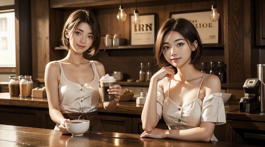 masutepiece、hight resolution、The coffee shop of the future、Woman making delicious coffee、２５Year old girl、１Girl clerk、Looking at the camera、Hair is short、short-cut、smil、Finish as shown in the photo、Coffee and beauty、the skin is white and beautiful、