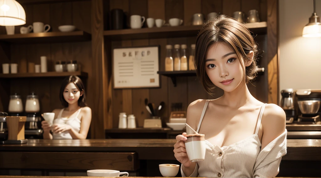 masutepiece、hight resolution、The coffee shop of the future、Woman making delicious coffee、25Year old girl、1Girl clerk、Looking at the camera、Hair is short、short-cut、smil、Finish as shown in the photo、Coffee and beauty、the skin is white and beautiful、