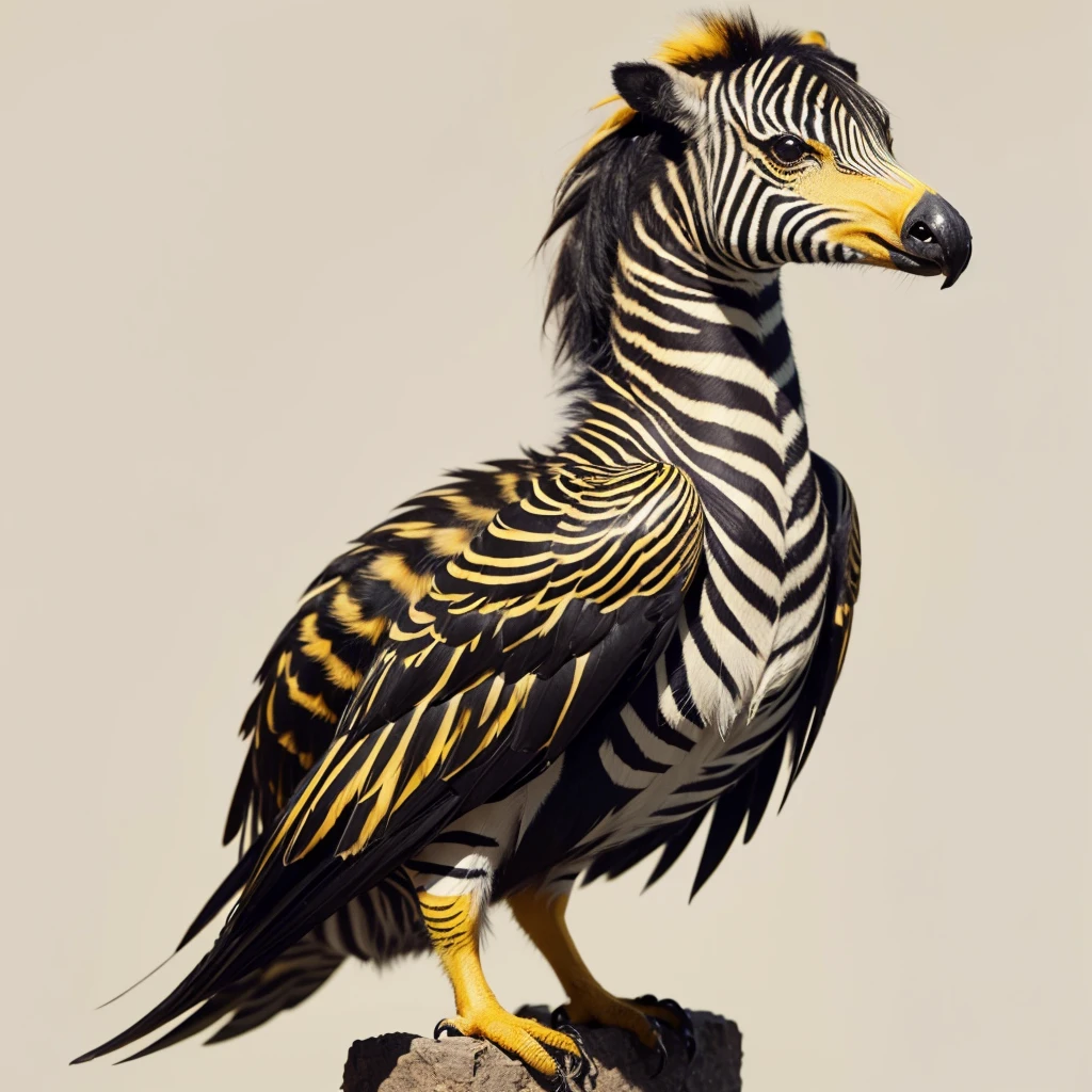 Small Animaly, has yellows stripes on his skin, gold eyes, vulture mixed with zebra, Grassroots, no background
