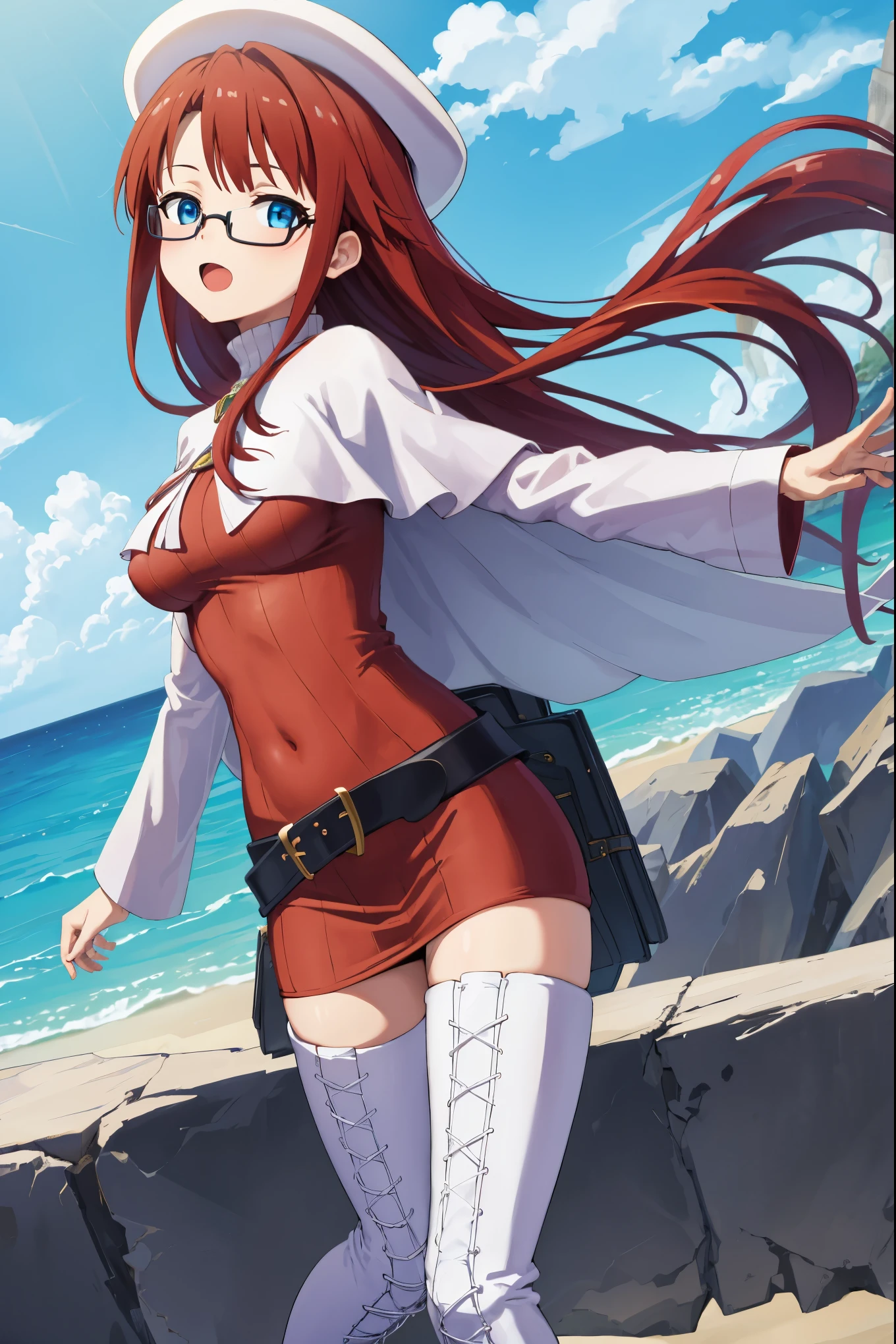 summonnightaty, aty, (young:1.3),long hair, blue eyes, red hair, big_tits, hat, glasses,
BREAK long hair, thighhighs, hat, dress, naked_legs, glasses, belt, cape, sweater, zettai ryouiki, beret, thigh boots, white footwear, ribbed sweater, loose belt,solo,
BREAK outdoors, fantasy,on_beach,
,Highquality_hads,perfect_fingers,
BREAK (masterpiece:1.2), best quality, high resolution, unity 8k wallpaper, (illustration:0.8), (beautiful detailed eyes:1.6), extremely detailed face, perfect lighting, extremely detailed CG, (perfect hands, perfect anatomy),covered_nipples,covered_navel ,half_eyes,long_sword,sleepy,red_sweater,apart_knees,magical_effect,spread_legs, have_a_book,teacher,rise_knee,Smile,rise_hand,look_down_viewer,spread_arms,sea_waves,looking_into,blue_sky,plump,open_mouth, dynamic_posing,solo,