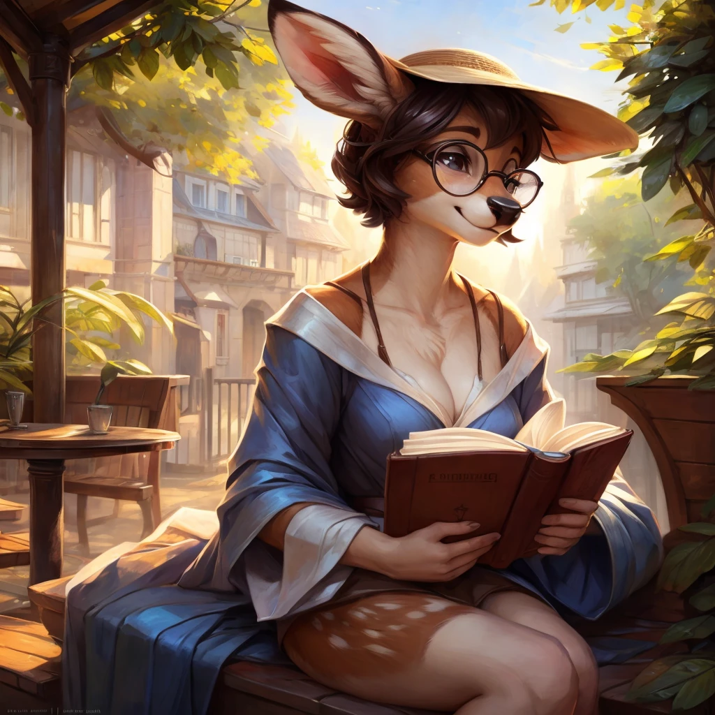 uploaded on e621, by Pixelsketcher, by Bayard Wu, by Thomas Benjamin Kennington , by Einshelm, by hioshiru and kenket, Chunie, portrait, solo anthro female deer doe, tiny featureless breasts, tiny breasts, clear dark blue, cinematic lighting, day, sunny day, sitting outside at a café, Cafe Background, french background, old french background, shiny, short curly dark brown hair, short hair, wears big black nerd glasses, very very beautiful furry art, furry art, thoughtful, shiny, feminine, cute face, muzzle, fluffy chest, flawless face, Fallow deer, 1girl, Sakimichan is beautiful, Masterpiece, Wavethesallow Face, shiny, Detailed image, portrait, Detailed image, portrait, wears pure white wide, big blouse, wears beige summer straw hat, shiny, realistic face, perfect anatomy, hourglass body, anthropomorphic deer, happy, very happy, small ears, huge black nerd glasses, wide happy eyes, look at viewer, smiles, big smile, holds with both hands a book, hourglass body, (furry body:1.1), anthropomorphic deer, reading a book, small fluffy tail, detailed background, (cute anatomy:1.1)
