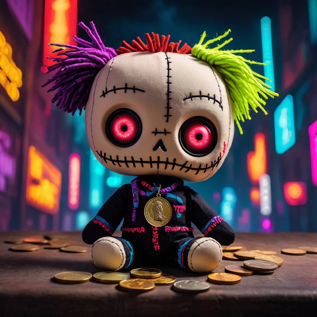 (knitted toy voodoo doll:1.8), (needles stuck into Voodoo:2.0), (eyes glow:1.8), (TON coin banner:1.9), (in the background a city in neon color:1.5), gothic horror atmosphere, best quality, masterpiece, detailed soft oil painting, detailed background, dramatic cinematic lighting, soft edge lighting, professional, dramatic lighting, hard edge lighting, ultra quality, 4k, masterpiece, best quality, 8k, ultra high definition, high definition, extremely detailed