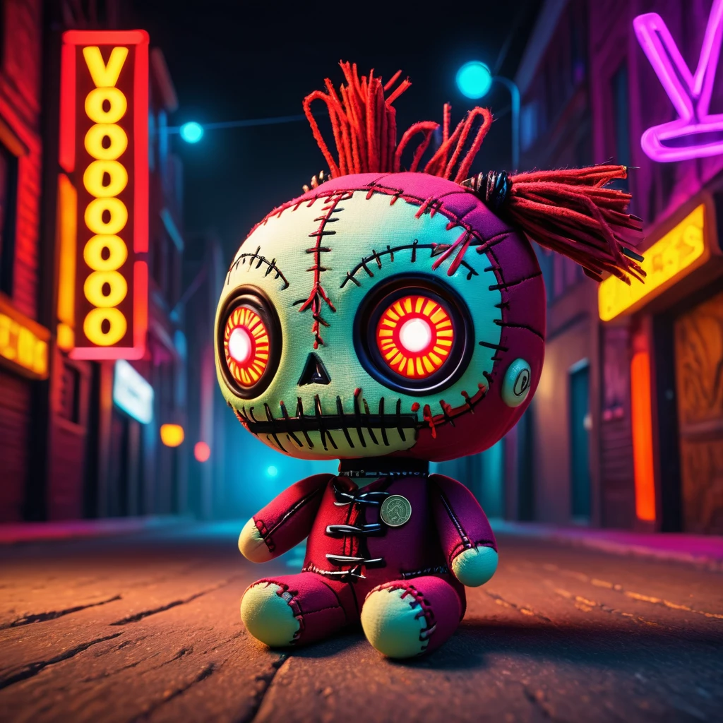 (knitted toy voodoo doll:1.8), (needles stuck into Voodoo:2.0), (eyes glow:1.8), (TON coin banner:1.9), (in the background a city in neon color:1.5), gothic horror atmosphere, best quality, masterpiece, detailed soft oil painting, detailed background, dramatic cinematic lighting, soft edge lighting, professional, dramatic lighting, hard edge lighting, ultra quality, 4k, masterpiece, best quality, 8k, ultra high definition, high definition, extremely detailed