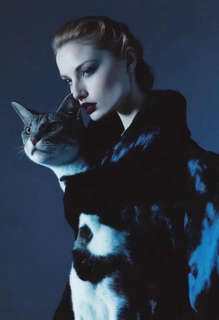 lovecraftian fashion shoot, dog and cat in darkness at night, blue background