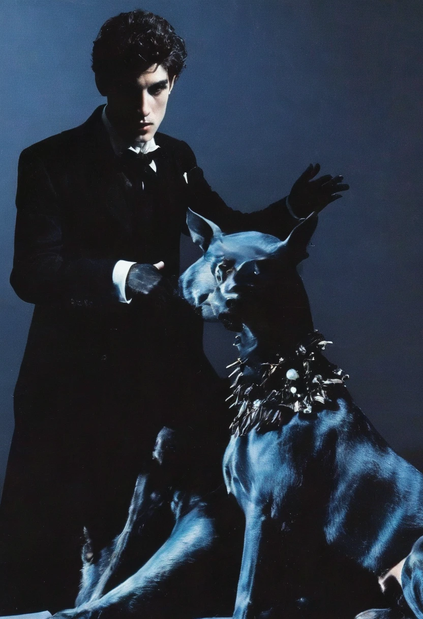 lovecraftian fashion shoot, dog and cat in darkness at night, blue background